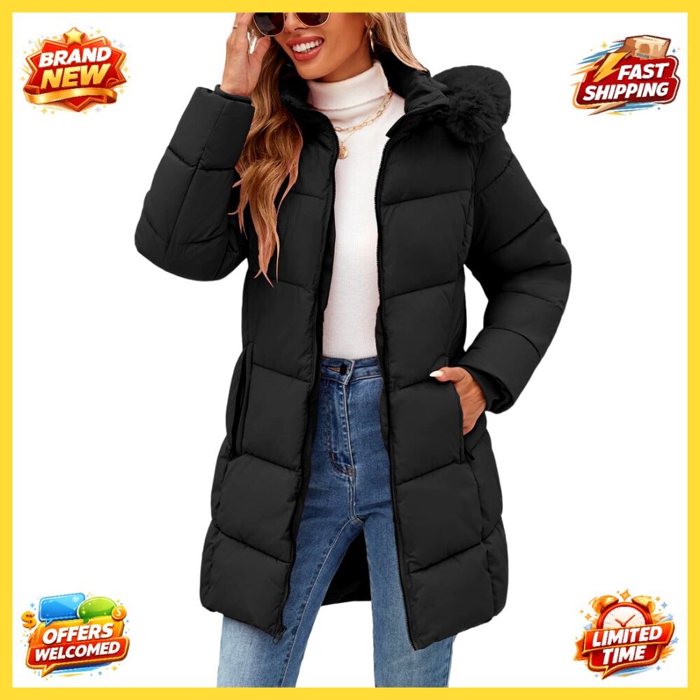 Women's Puffer Down Parka Hooded Fleece Lined Winter Coat Mid Length